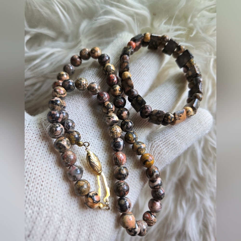 Leopard Skin Jasper Jewelry Set – Beaded Necklace & Bracelet for Grounding